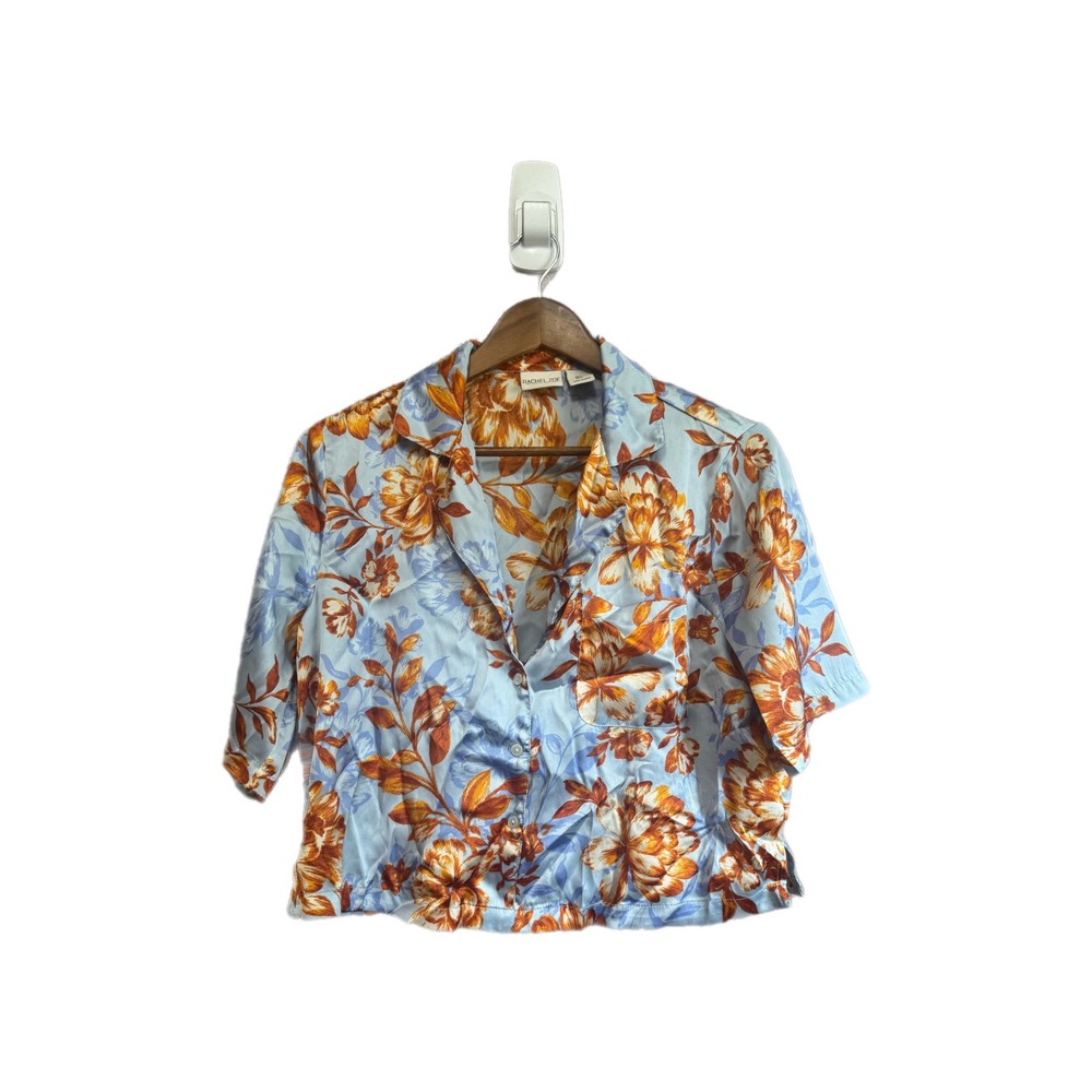 Rachel Zoe Floral Button Up Top Womens Small Blue Orange Excellent Satin Crop